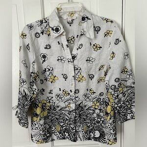 JM Collection 100% Linen Floral Button Up Blouse Size 10 Cottagecore Grannycore